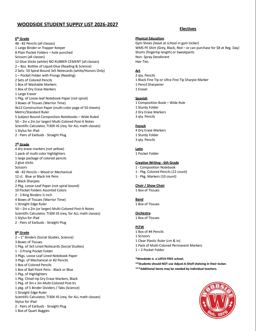 School supply list for the 2026-27 school year